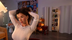 Busty curly brunette with big boobs fucks on couch