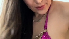 Busty curly brunette with big boobs fucks on couch
