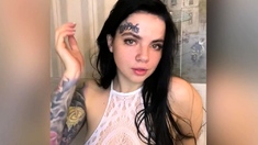 Busty curly brunette with big boobs fucks on couch