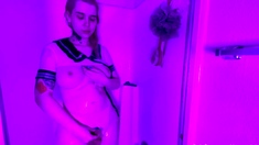 Short haired chick with big tits jerks her pussy online