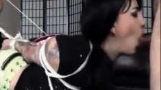 Asian whore blindfolded, gagged and used as a cum dumpster